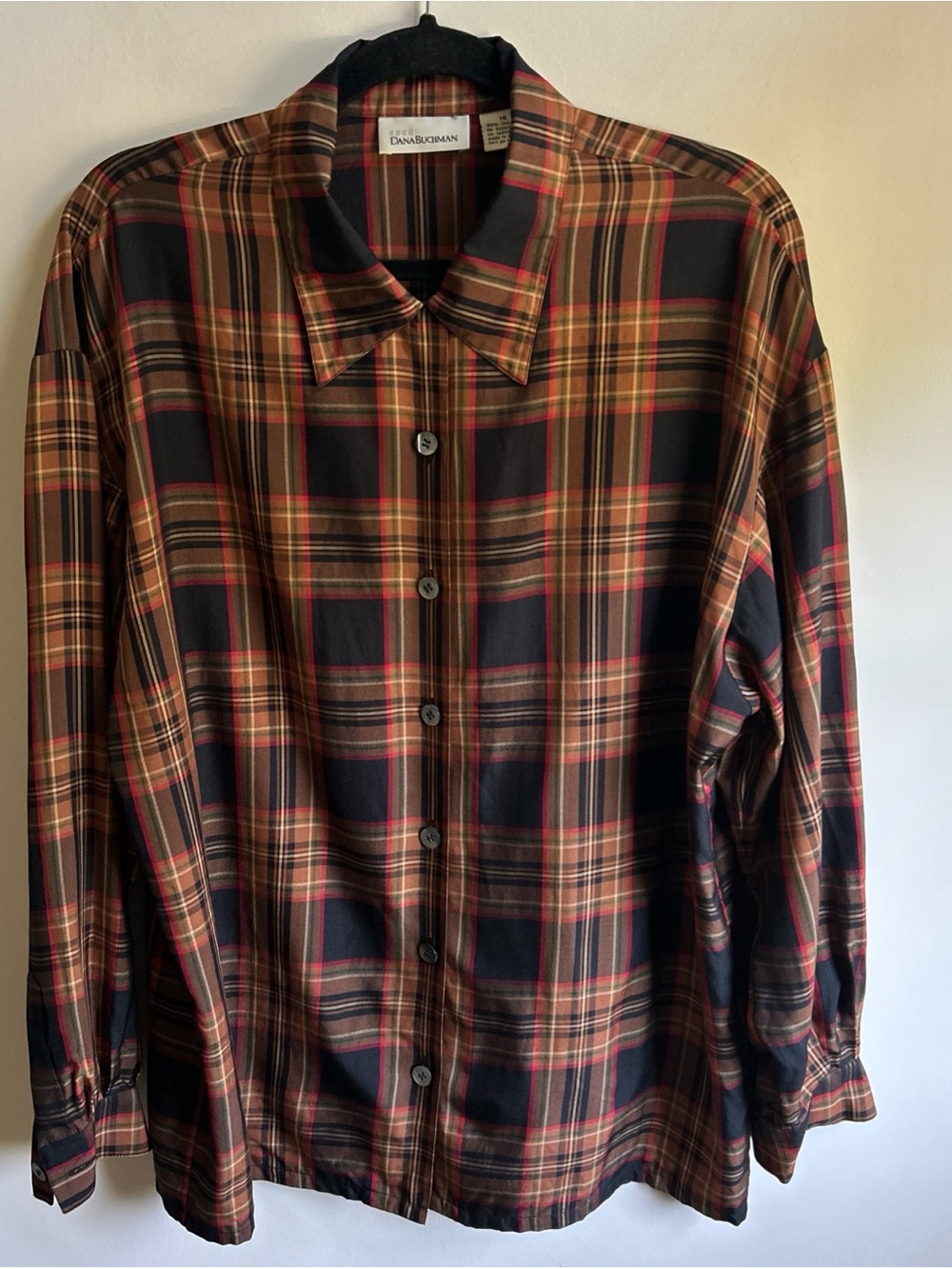 Vintage Dana Buchman Brown Print 100% Silk Long Sleeve Geometric Pads Site Sz 14
